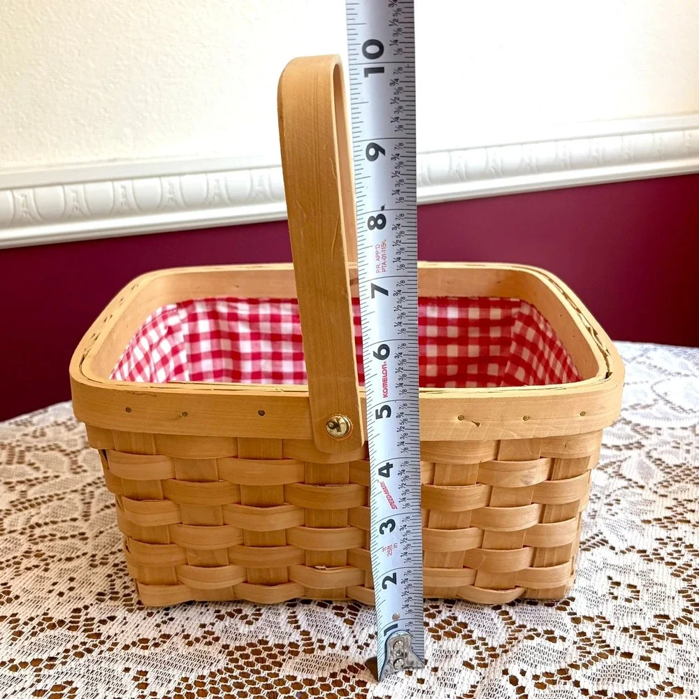 Vintage Woven Picnic Basket Red Gingham Lining Swing Handle 10x8x5 Cottage Retro